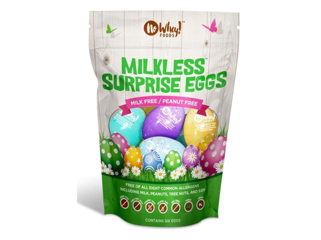 No Whey brand of milkless surprise eggs in various easter colors.