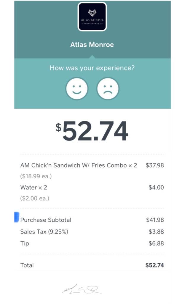 Digital receipt for Atlas Monroe vegan meal, $52.74 total for 2 combos with water. 