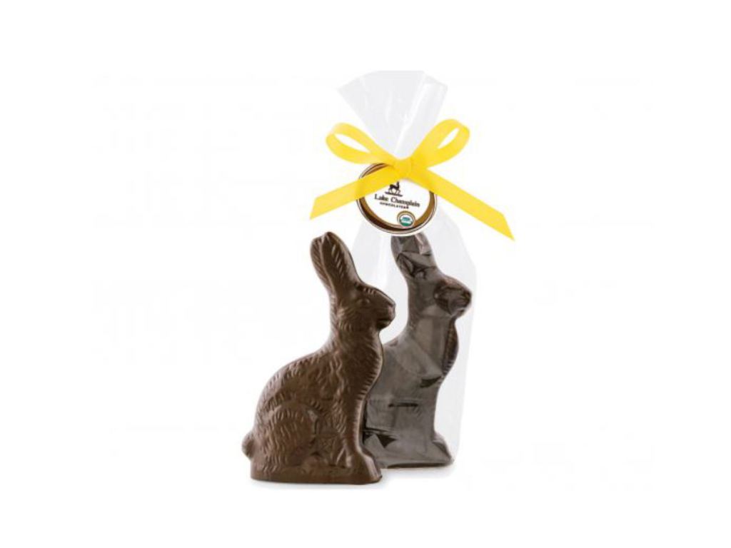 2 Lake Champlain vegan dark chocolate easter bunnies, one in packaging and other not.