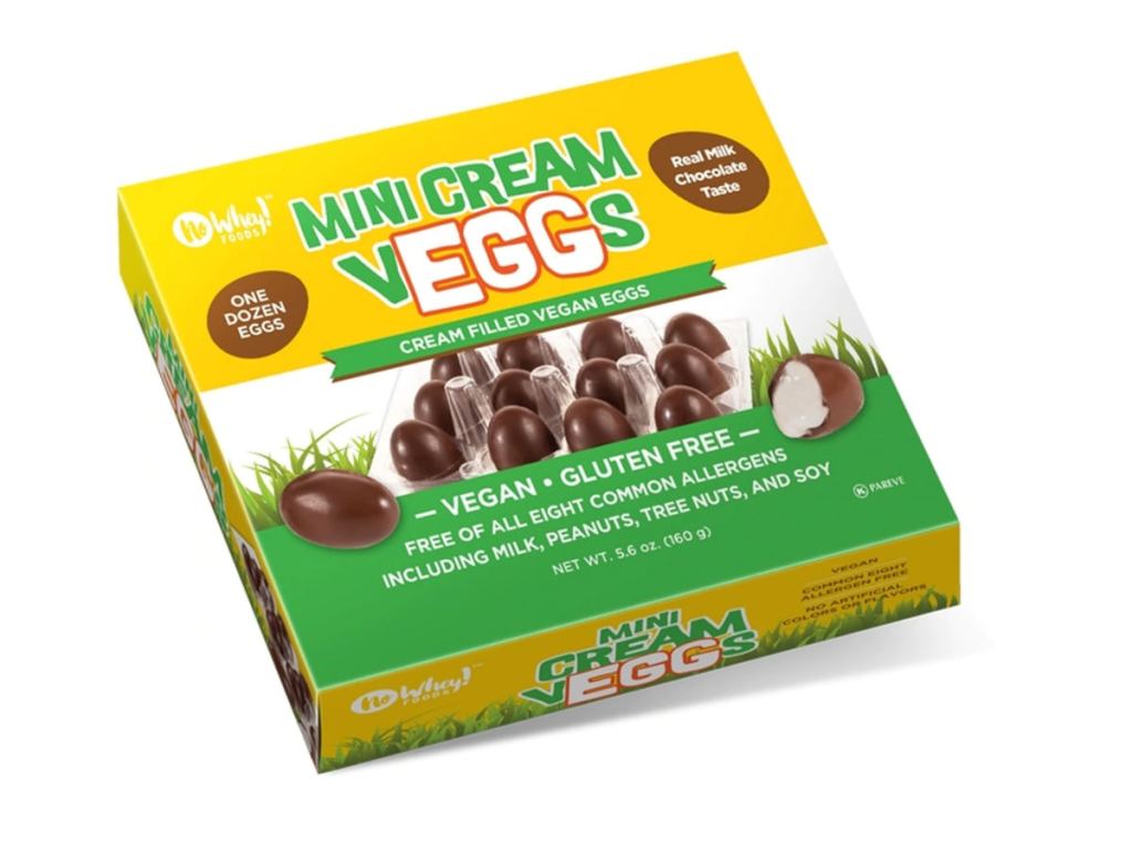 No Whey brand mini vegan cream eggs in milk chocolate filled with white cream.
