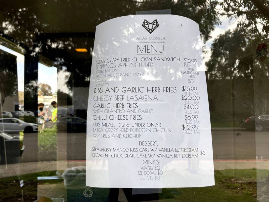 Atlas Monroe Vegan Fried Chicken Menu Printed on White Paper in San Diego