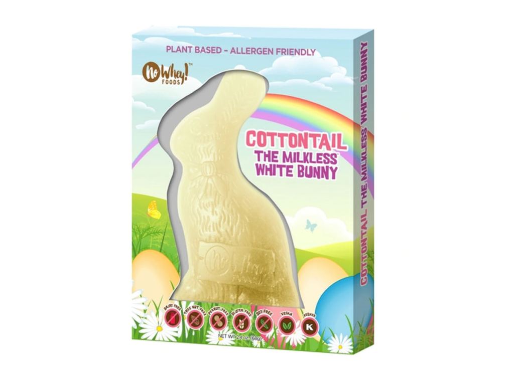 White chocolate vegan easter bunny named cottontail by No Whey