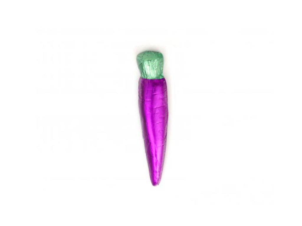 A Lake Champlain brand vegan dark chocolate easter carrot in purple and green packaging.