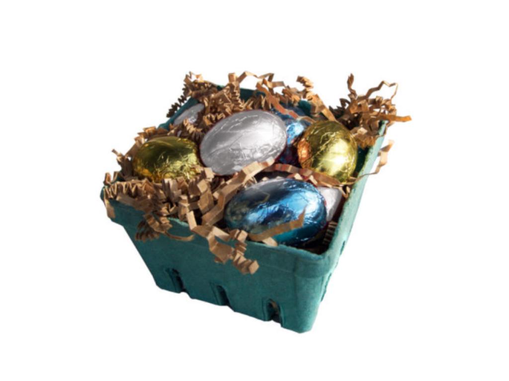 Lagusta's Luscious brand vegan Easter candy features a basket of chocolate eggs.