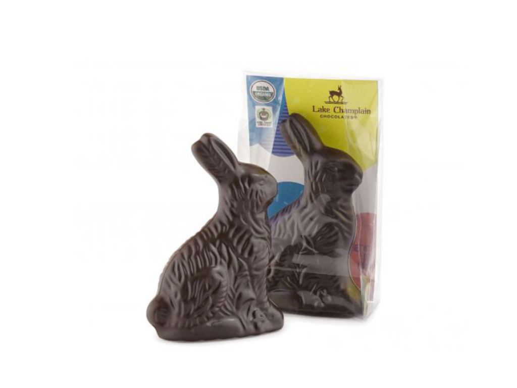 Lake Champlain mini dark chocolate semi solid easter bunny one in package and other not.